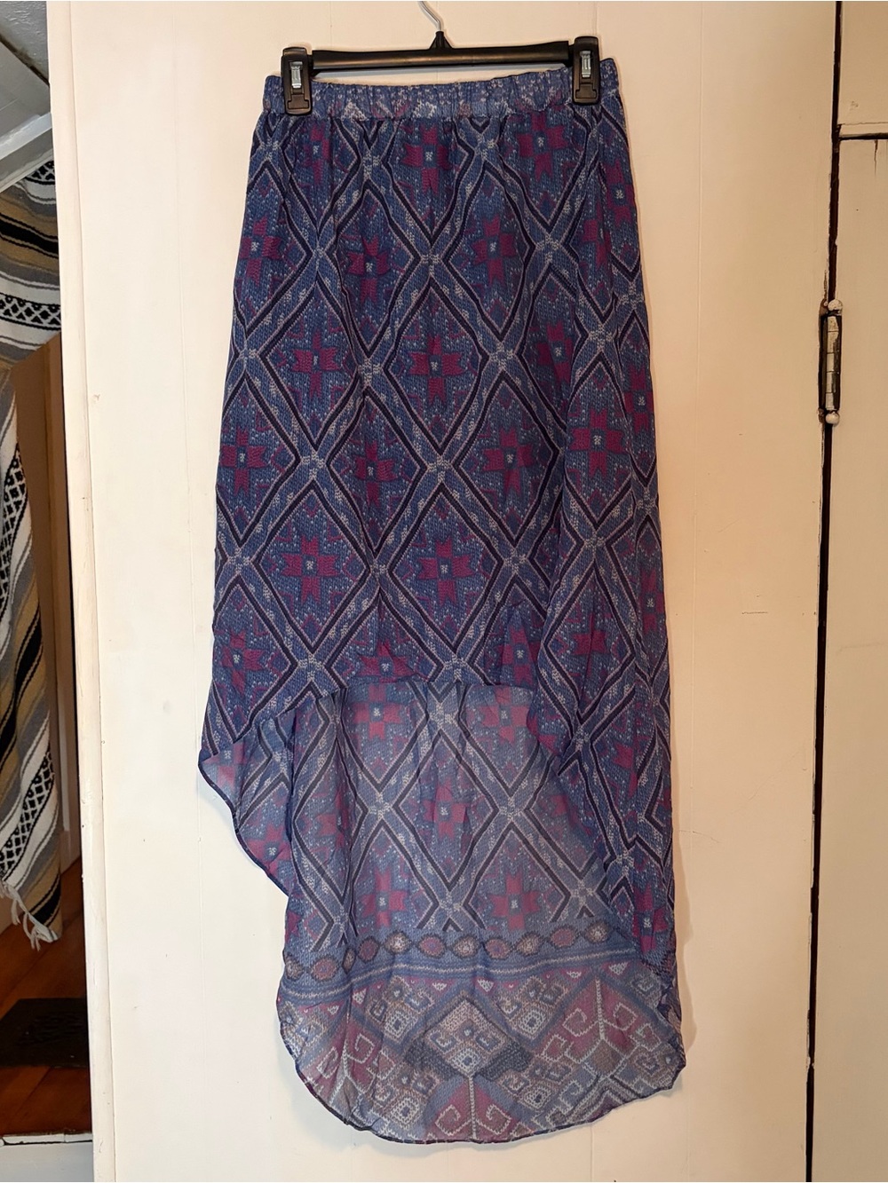 High-low boho abstract blue, black, and purple print lightweight skirt